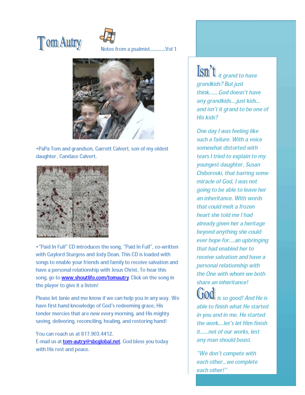 To visit Tom Autry click on his newsletter above.